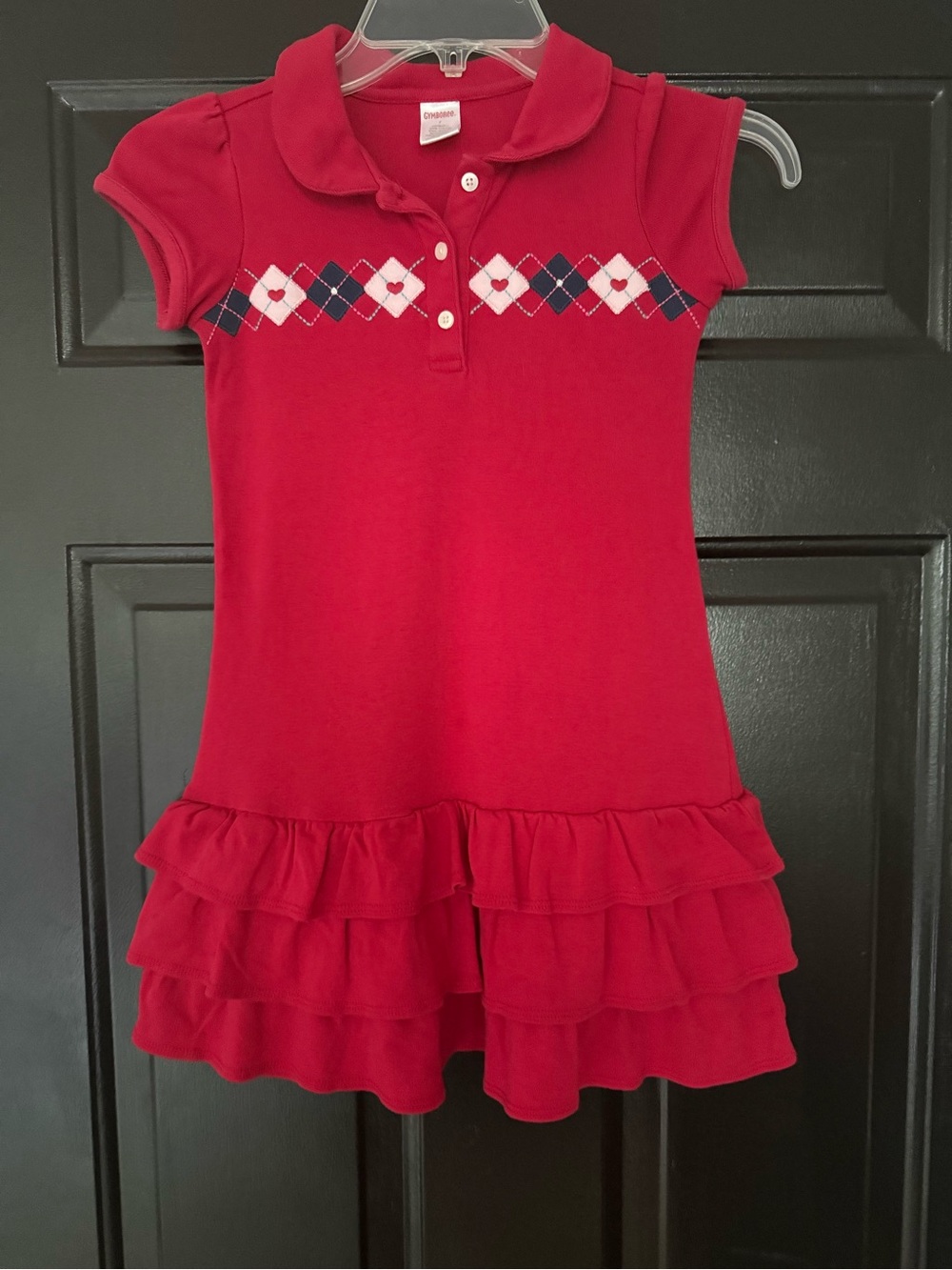 Gymboree New York Girl & Puppy School Red Argyle Polo Dress Tiered Ruffle Hem 7